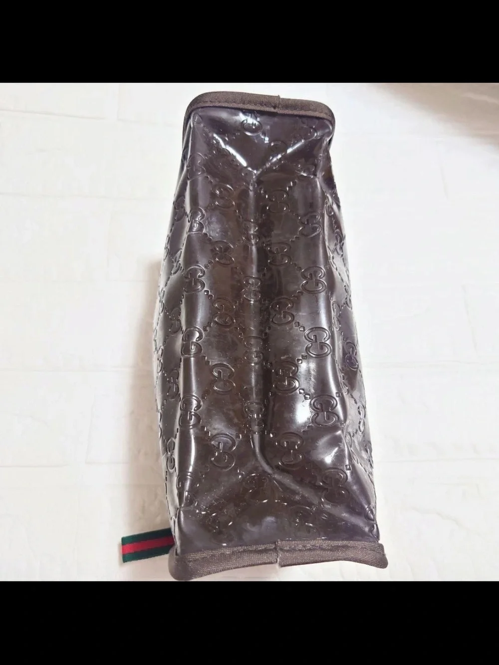 Gucci Brown Patent GG Embossed Cosmetic Pouch with Web Zip Pull